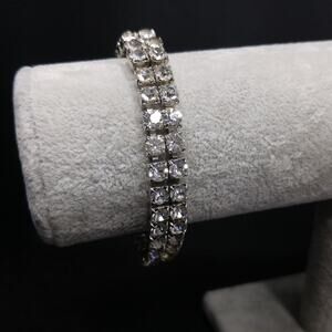 Vintage Clear Rhinestone Double Strand Bracelet, Silver Tone, 1960s